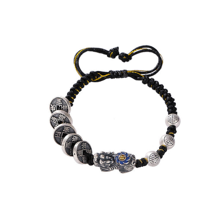 Bracciale intrecciato con moneta di rame PiXiu FengShui in argento sterling 999 con pietre Buddha Stones, carattere Fu, ricchezza