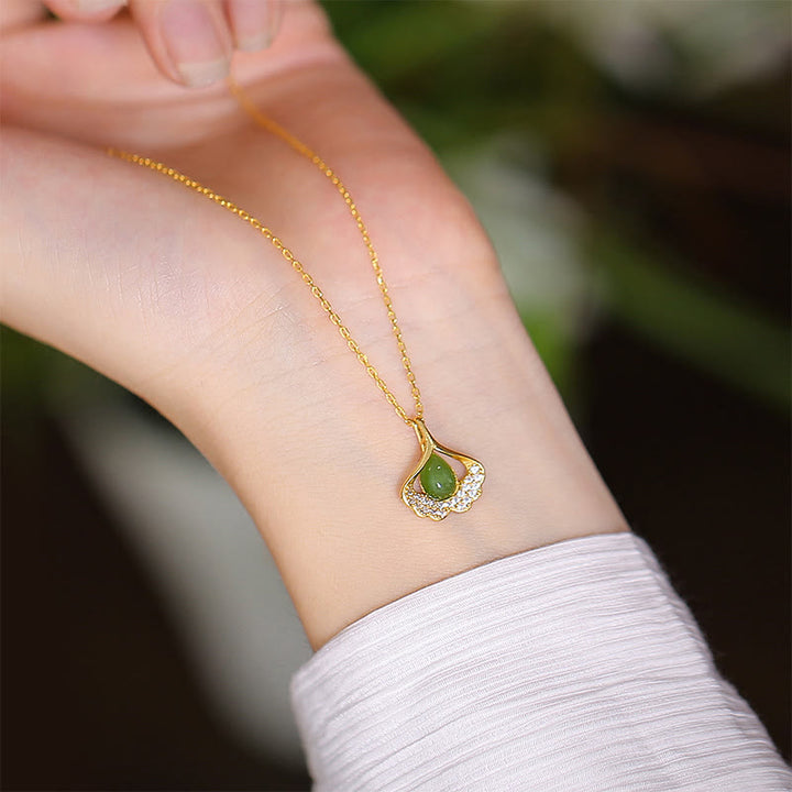 Collana con ciondolo a forma di farfalla Buddha che ride in giada ciano naturale Hetian Jade in argento sterling 925 - Foglia di Ginkgo di Giada Ciano - image 38