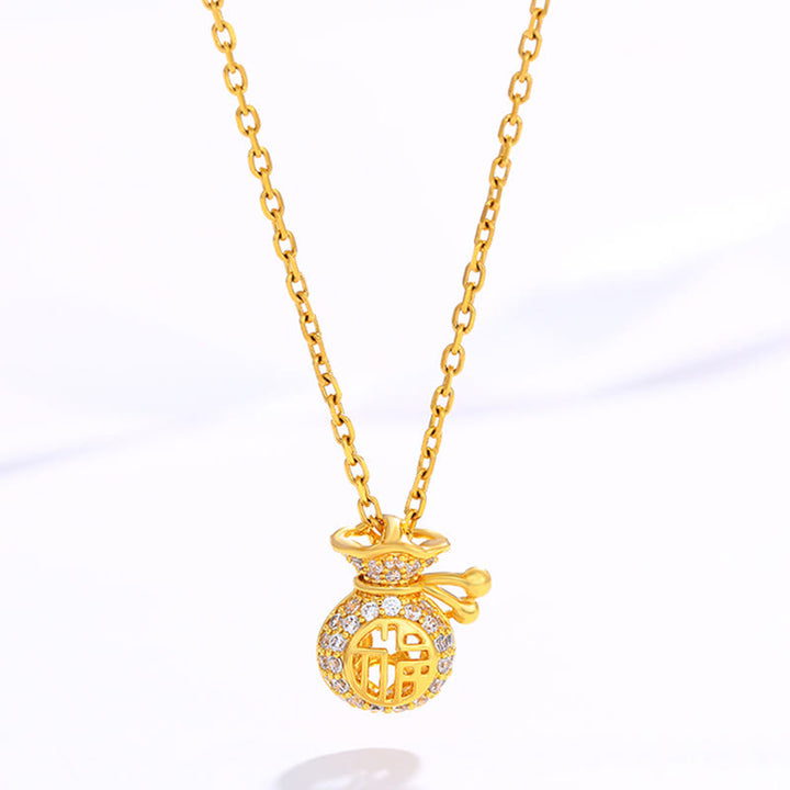 Collana con ciondolo a forma di sacchetto di soldi della fortuna del personaggio Fu placcato in oro 24K