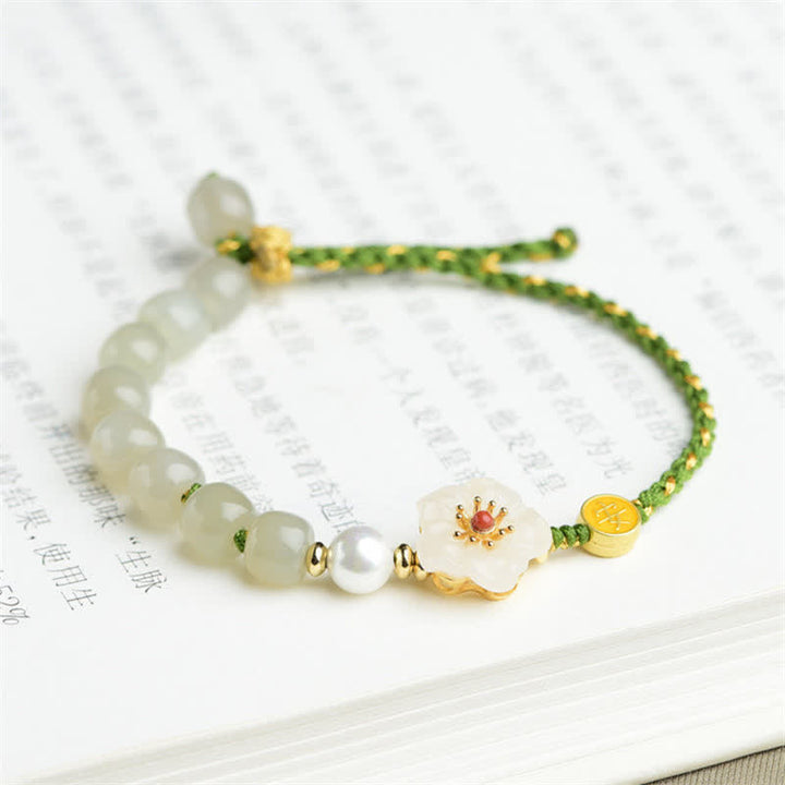 Braccialetto portafortuna in argento sterling 925 con giada naturale Hetian e fiori di pesco