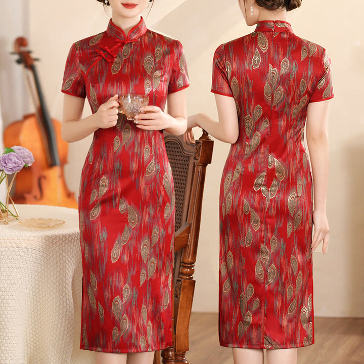 Abito da donna in cheongsam con stampa di piume di peonia e fiori di loto retrò Buddha Stones