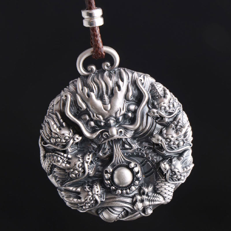 Buddha Stones 999 Sterling Silver Nove Draghi Che Giocano Con Una Perla Collana Pendente Protezione Fortuna
