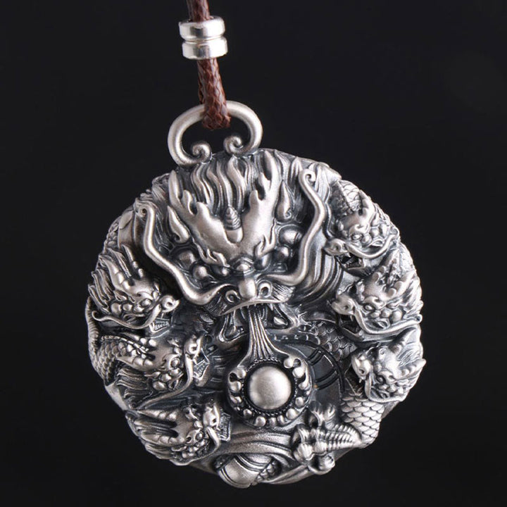 Buddha Stones 999 Sterling Silver Nove Draghi Che Giocano Con Una Perla Collana Pendente Protezione Fortuna