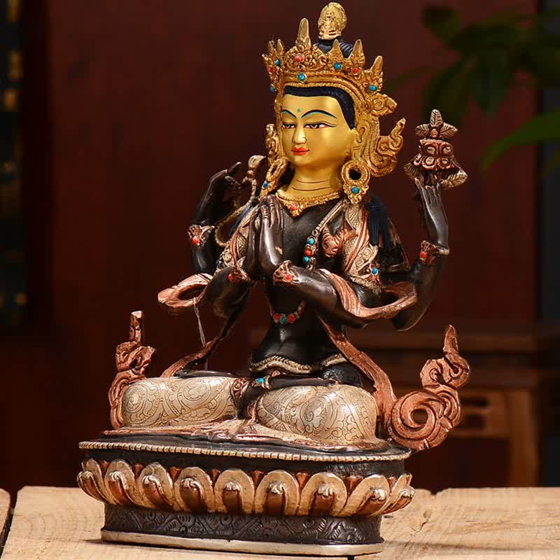 Statua di rame di protezione di Avalokitesvara a quattro braccia del Bodhisattva Chenrezig Decorazione