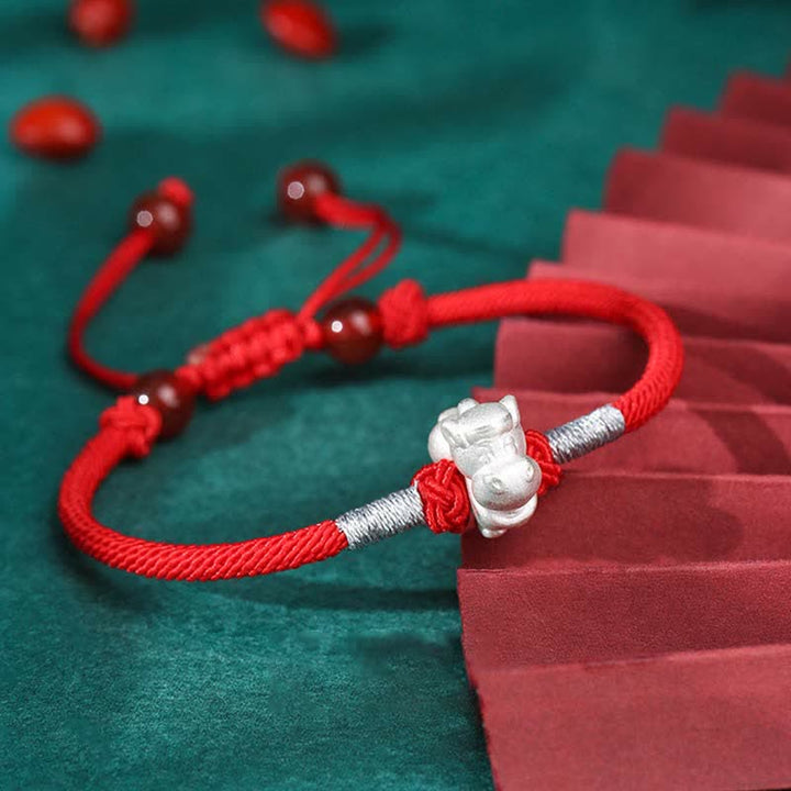 Braccialetto in corda rossa con Buddha Stones in argento sterling 999, zodiaco cinese, fortuna e forza