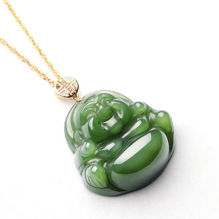 Collana con ciondolo a forma di Buddha che ride in argento sterling 925, giada ciano Hetian e oro 18 carati. - image 11