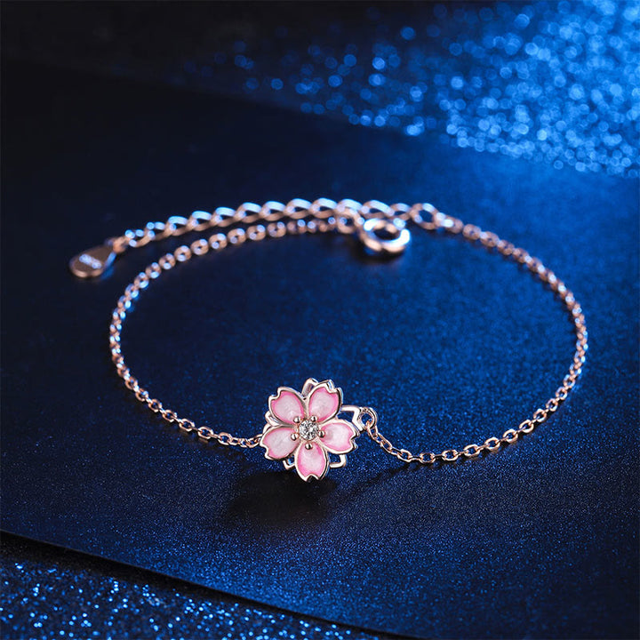 Bracciale a catena con benedizione in fiore di ciliegio in argento sterling 925 Buddha Stones, anello girevole