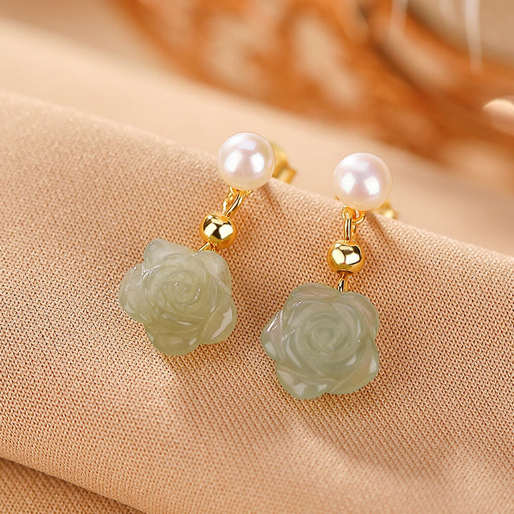 Orecchini Buddha Stones 925 Sterling Silver Placcato Oro Giada Rosa Fiore Ciano Giada Perla Fortuna