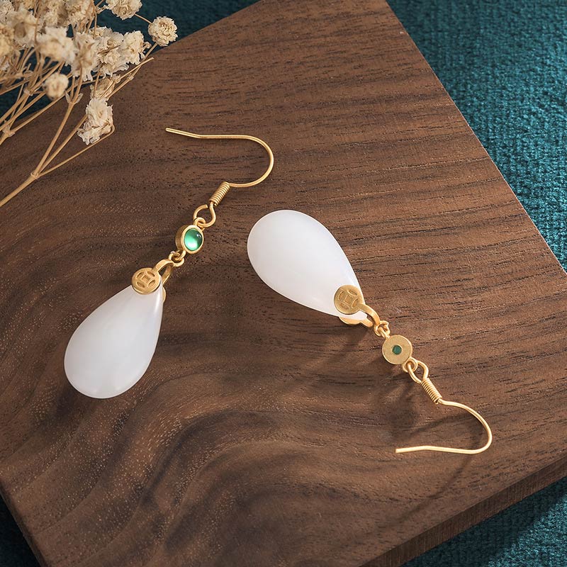 Orecchini pendenti in giada bianca FengShui Buddha Stones