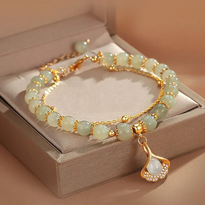 Braccialetto di perline con carattere Fu , Buddha Stones di giada, foglia di ginkgo, tulipano, arachidi e fortuna