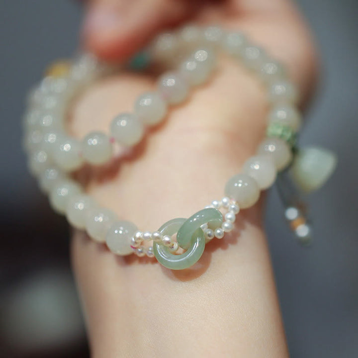 Braccialetto a doppio giro con fibbia della pace in giada Hetian in argento sterling 925 Buddha Stones Lotus Luck