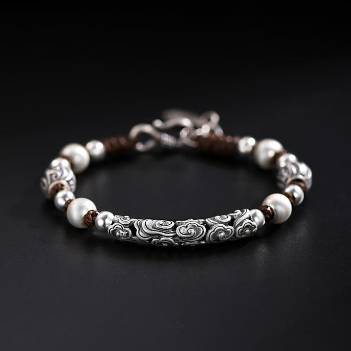 Braccialetto di corda di ricchezza con nuvola di buon auspicio in argento sterling 999 fatto a mano in rame Buddha Stones in Tibet