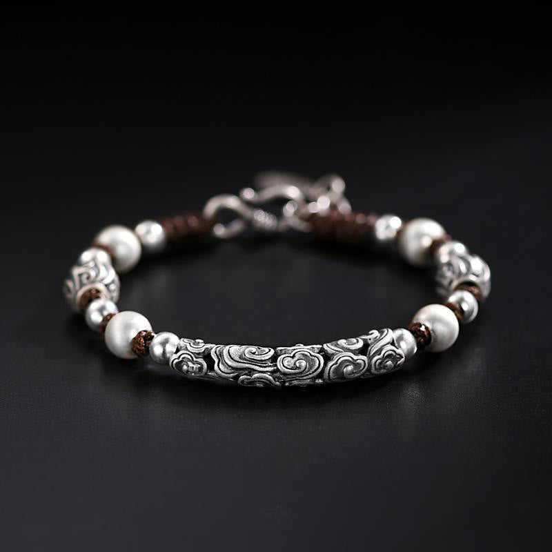 Braccialetto di corda di ricchezza con nuvola di buon auspicio in argento sterling 999 fatto a mano in rame Buddha Stones in Tibet - Nuvola di buon auspicio di rame - image 0
