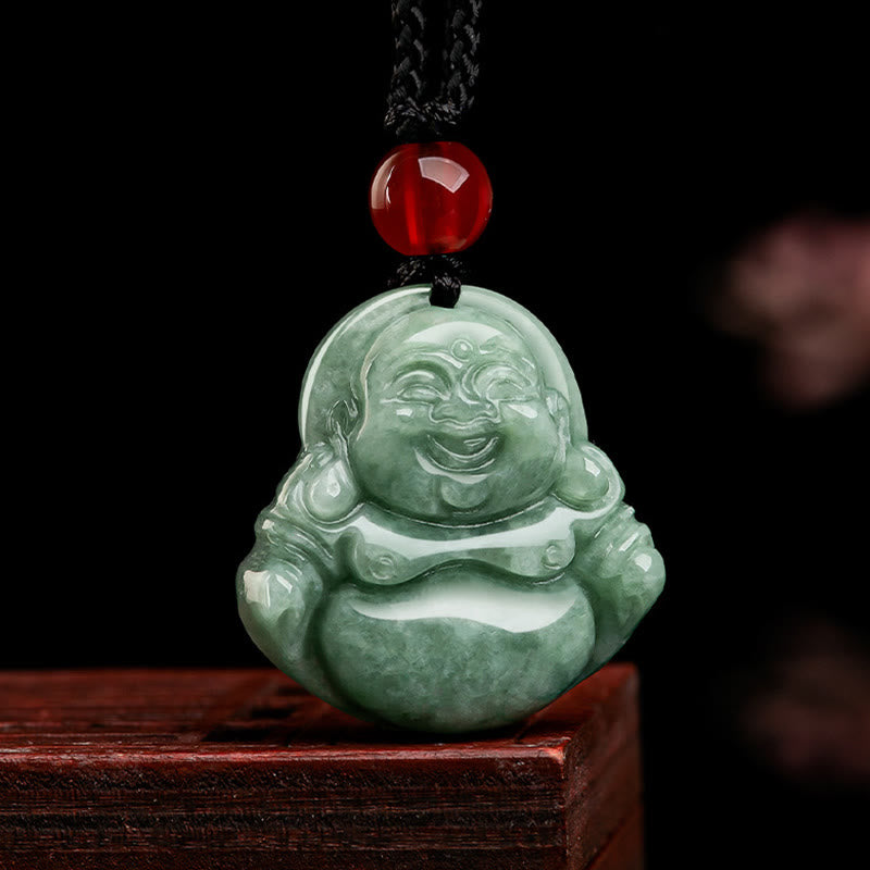 Buddha Stones Giada verde naturale Buddha che ride Collana con ciondolo di fortuna e abbondanza