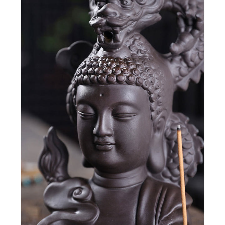 Buddha Stones Buddha Drago Nuvole di buon auspicio Argilla viola Bruciatore di incenso curativo Decorazione