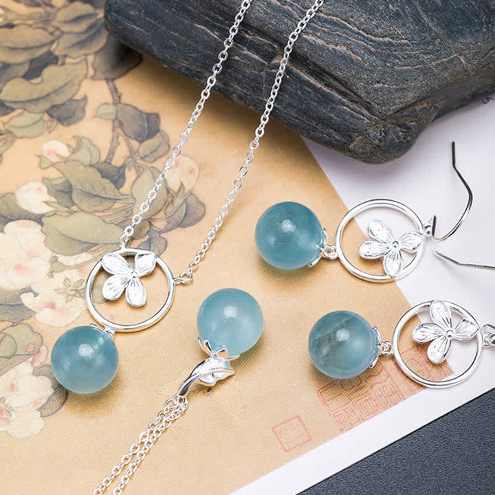 Buddha Stones 925 Sterling Silver Acquamarina Naturale Foglia Fiore Orecchini Collana Pace
