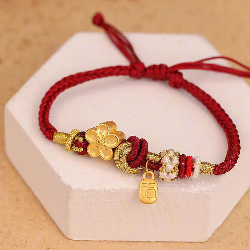 Braccialetto con corda rossa Buddha Stones, ciondolo felicità, fiori di pesco