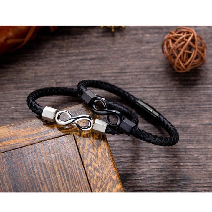 Bracciale Buddha Stones Endless Knot in acciaio al titanio con intreccio in pelle e bilanciamento