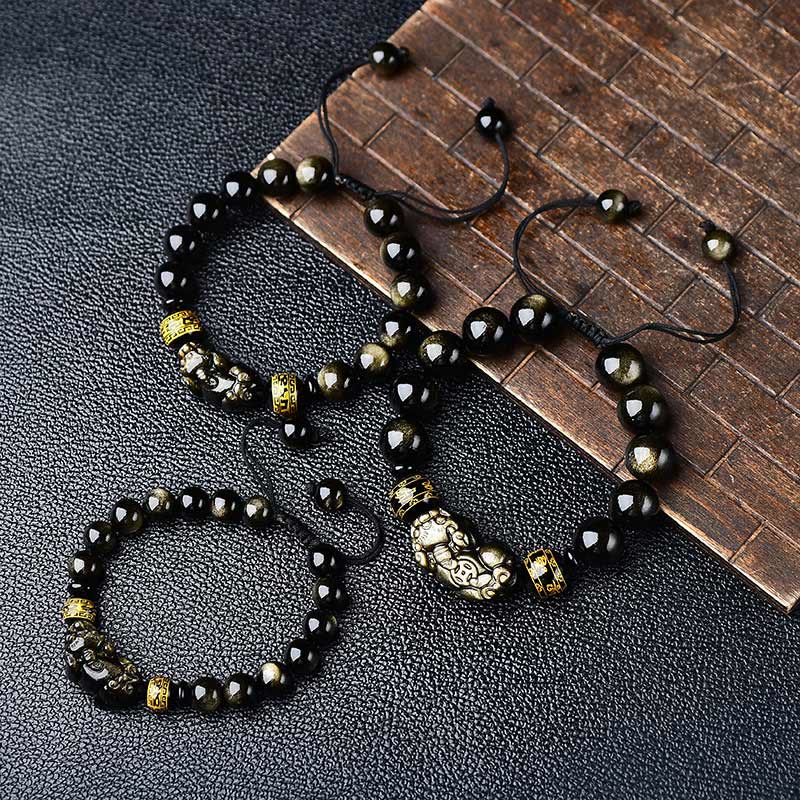 Bracciale intrecciato con Buddha Stones, lucentezza naturale dell'oro, ossidiana, PiXiu Om Mani Padme Hum, ricchezza