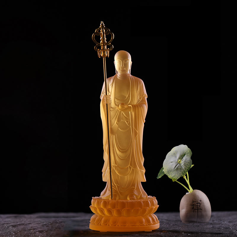 Buddha Stones fatte a mano Ksitigarbha Bodhisattva Figurina Liuli Cristallo Pezzo d'arte Statua della serenità Decorazione per la casa