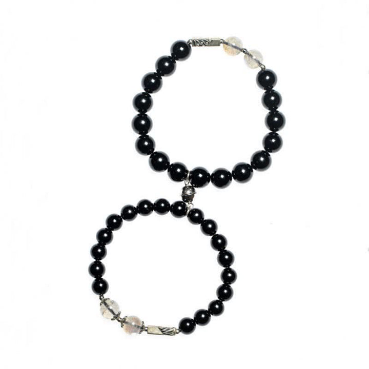 Bracciale di coppia in argento sterling 925 con pietra di luna e ossidiana