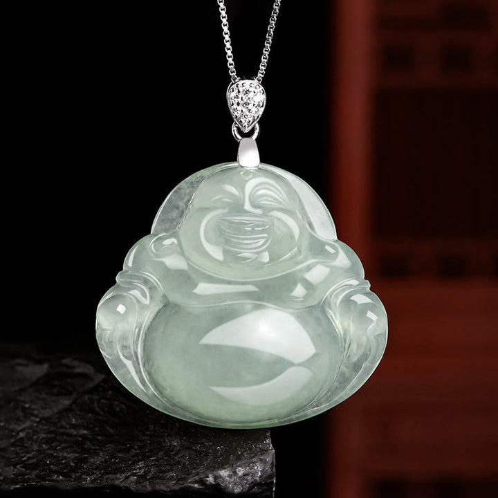 Collana con ciondolo a Buddha Stones in argento sterling 925, giada naturale, Buddha che ride, prosperità e abbondanza