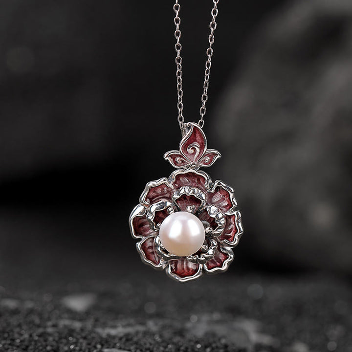 Collana con ciondolo in argento sterling 999 con perle e peonia, Buddha Stones