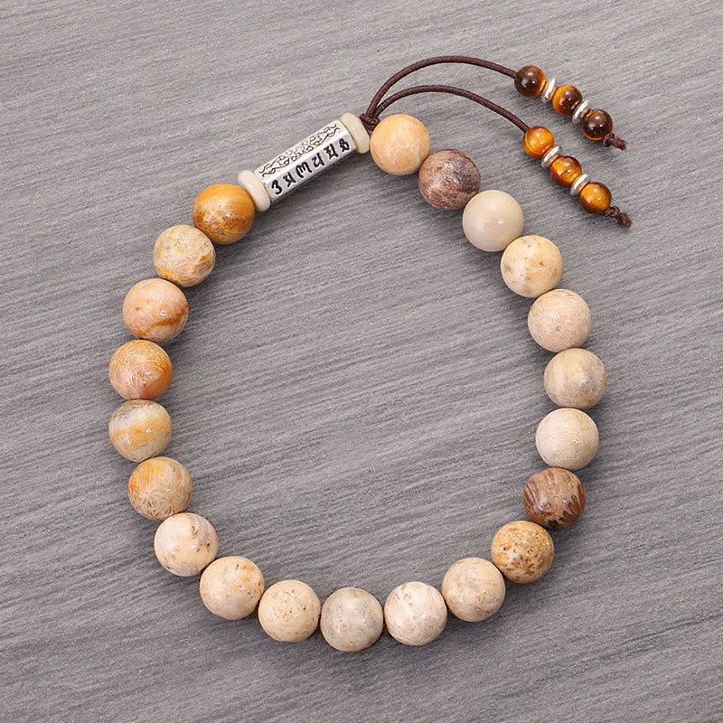 Braccialetto rinforzante in pietra invecchiata Om Mani Padme Hum Buddha Stones