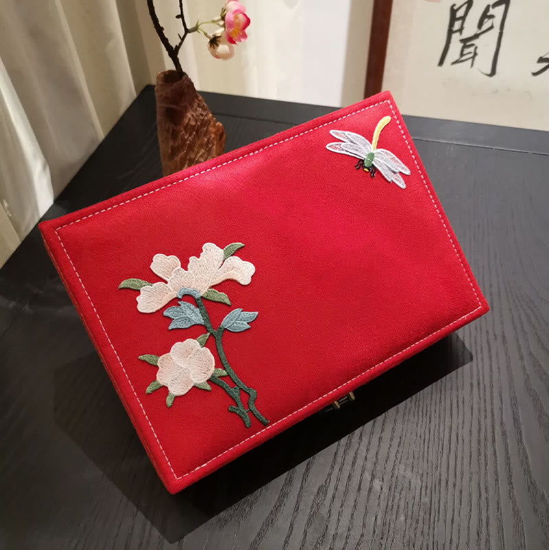 Buddha Stones Flowers Dragonfly Jewelry Box Organizer Scatola portaoggetti per gioielli a strato singolo Scatola di flanella