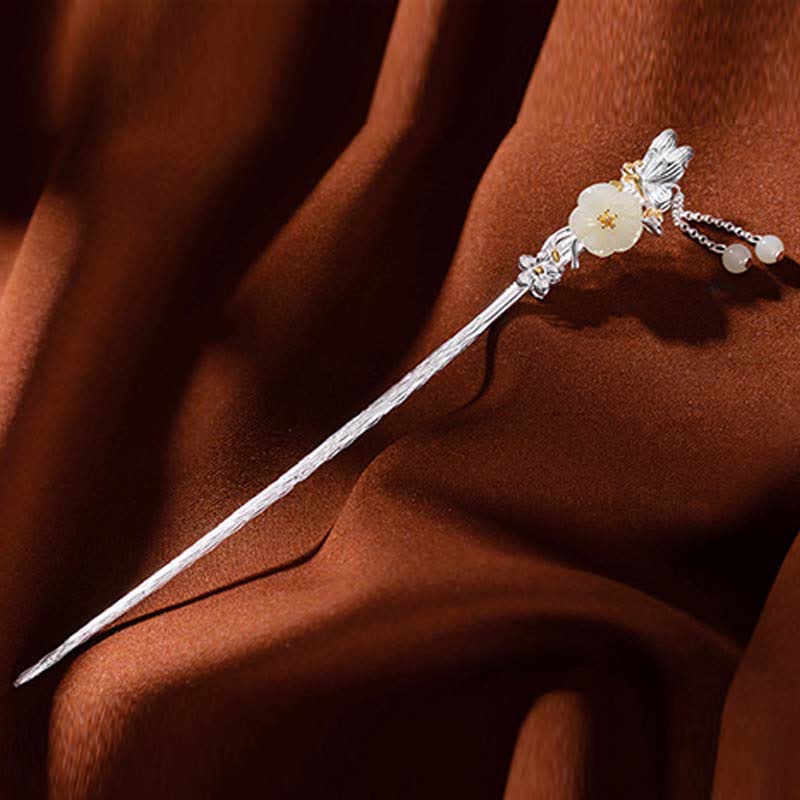 Forcina per capelli con fiore di giada bianca Hetian in argento sterling 925