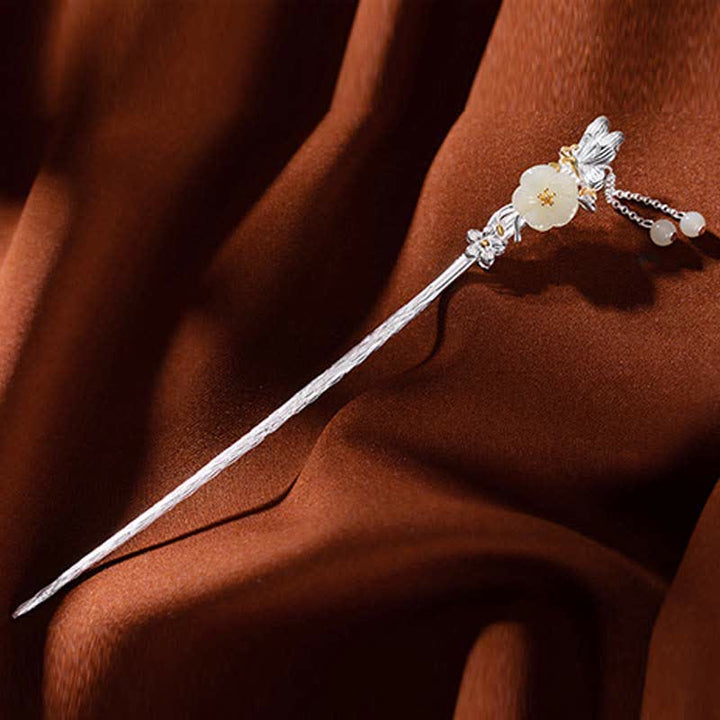 Forcina per capelli con fiore di giada bianca Hetian in argento sterling 925