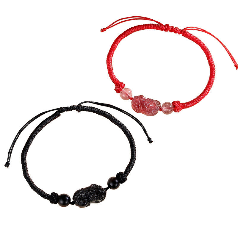 Braccialetto intrecciato di protezione PiXiu in quarzo fragola con ossidiana lucida in argento naturale fatto a mano Buddha Stones