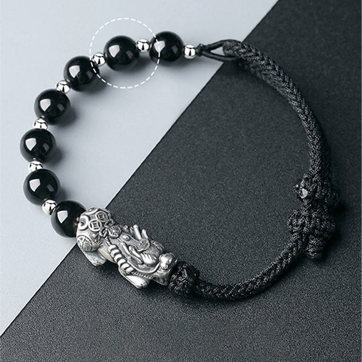Buddha Stones 999 Sterling Silver FengShui PiXiu Ossidiana nera naturale 925 Sterling Silver Bead Strength Bracciale - image 9