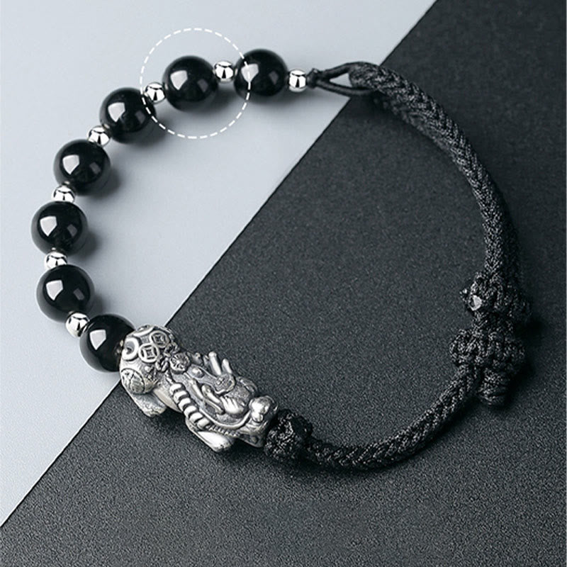 Buddha Stones 999 Sterling Silver FengShui PiXiu Ossidiana nera naturale 925 Sterling Silver Bead Strength Bracciale