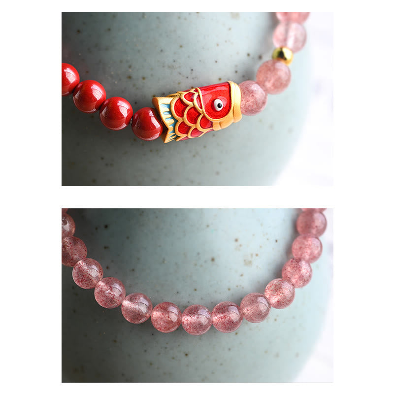 Braccialetto curativo con pesce koi portafortuna in quarzo fragola naturale cinabro Buddha Stones