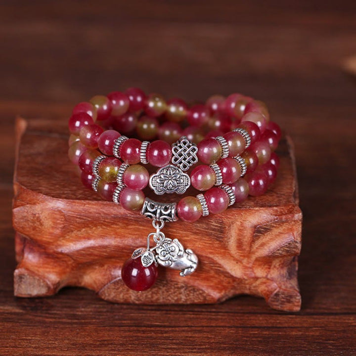 Braccialetto Buddha Stones Natural Watermelon Tormalina PiXiu Elephant Positive Triple Wrap