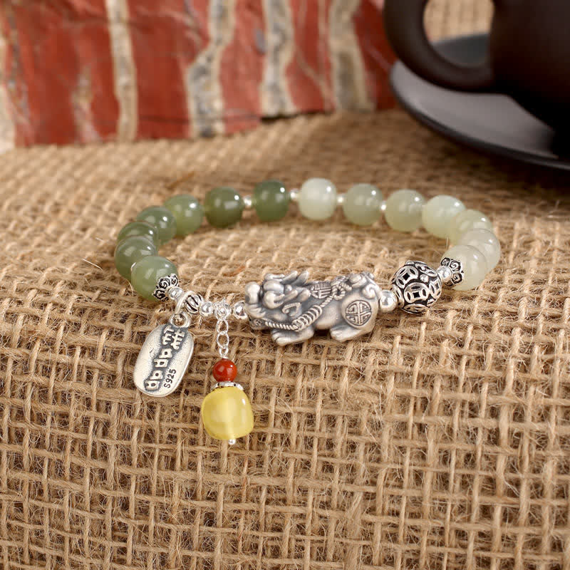 Braccialetto della fortuna PiXiu in argento sterling 925 Buddha Stones e giada naturale di Hetian e ambra