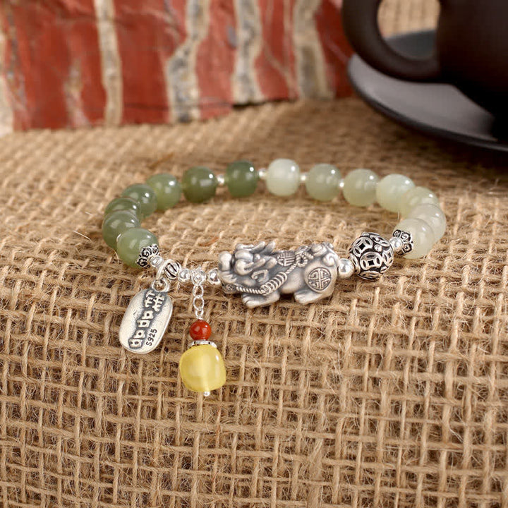 Braccialetto della fortuna PiXiu in argento sterling 925 Buddha Stones e giada naturale di Hetian e ambra