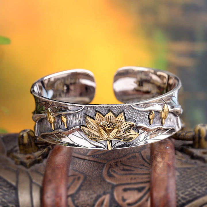 Braccialetto regolabile Buddha Stones 925 Sterling Silver Lotus Flower Calm