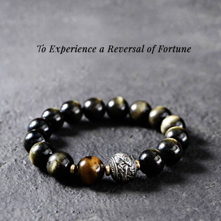 Buddha Stones per sperimentare un'inversione della fortuna Braccialetto di protezione in ossidiana arcobaleno e oro lucido