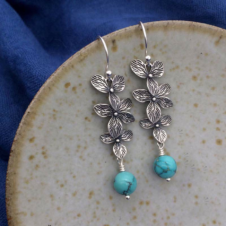 Orecchini pendenti con ciondolo a forma di fiore, foglia, turchese, lazurite, pietre Buddha Stones , argento sterling 925