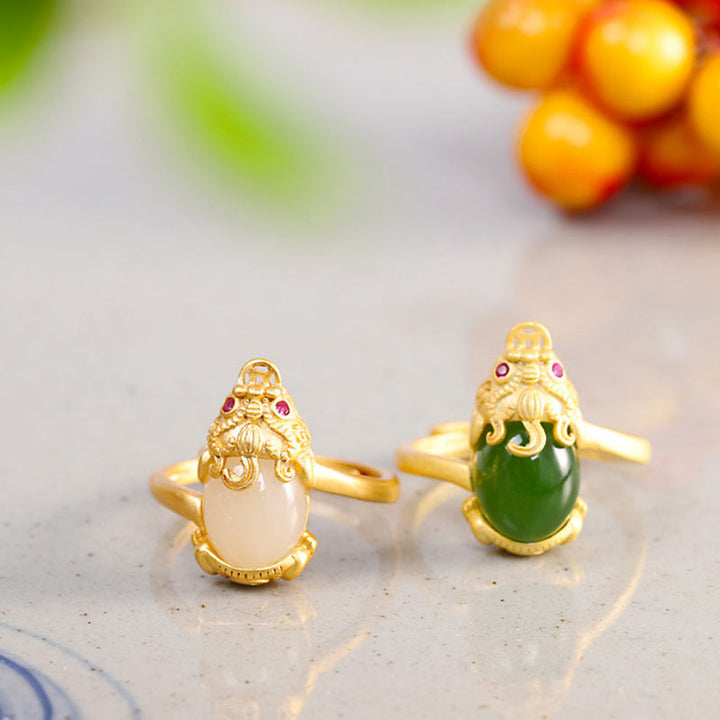 Anello di ricchezza in giada Pixiu placcato oro 18k Buddha Stones