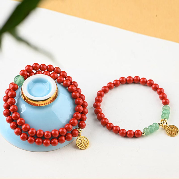 Buddha Stones Tibetano Cinabro Verde Aventurina Braccialetto Fortuna Collana