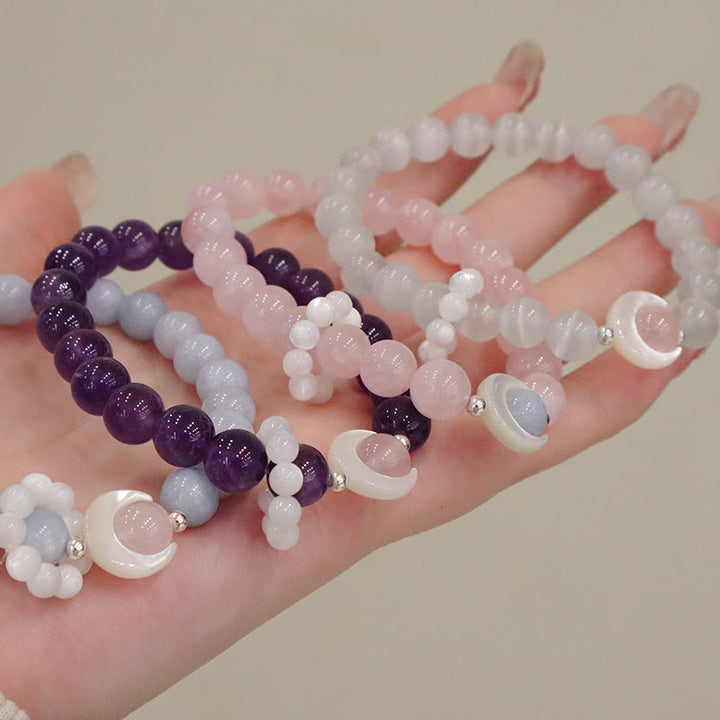 Braccialetto di Buddha Stones in argento sterling 925 con ametista naturale, acquamarina, cristallo rosa, occhio di gatto, guarigione, luna crescente