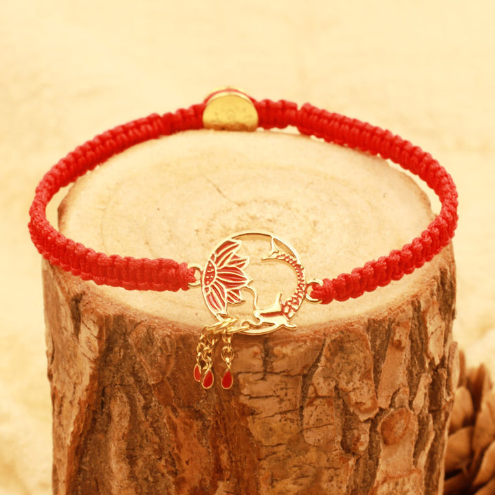 Braccialetto portafortuna rosso con corda, fatto a mano in Buddha Stones, tibetano, con pesce di loto e carpa koi