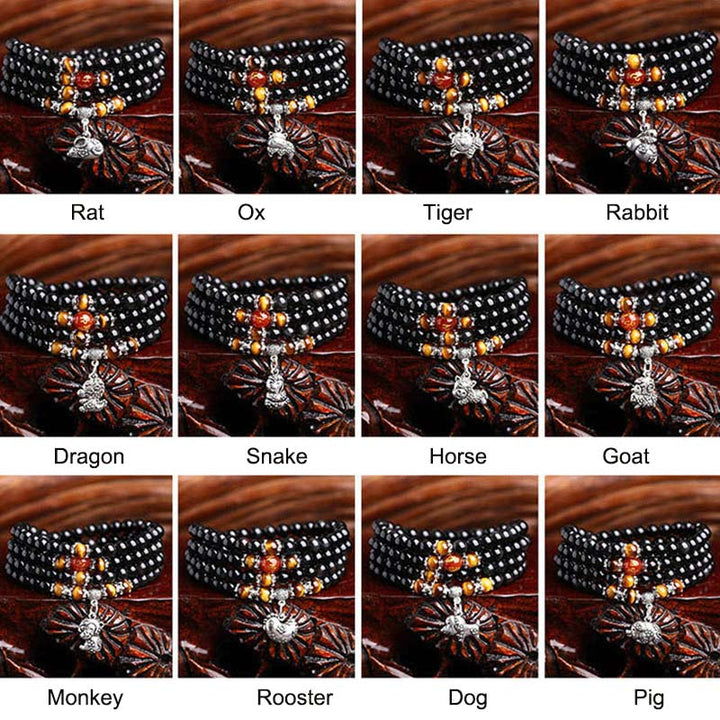 Bracciale Mala della Fortuna con 108 Perle dello Zodiaco Cinese e Occhio di Tigre in Ossidiana Nera