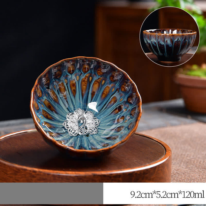 Buddha Stones Lotus Pavone Drago Fenice Koi Pesce Tazza da tè in ceramica Tazze da tè intarsiate 120ml