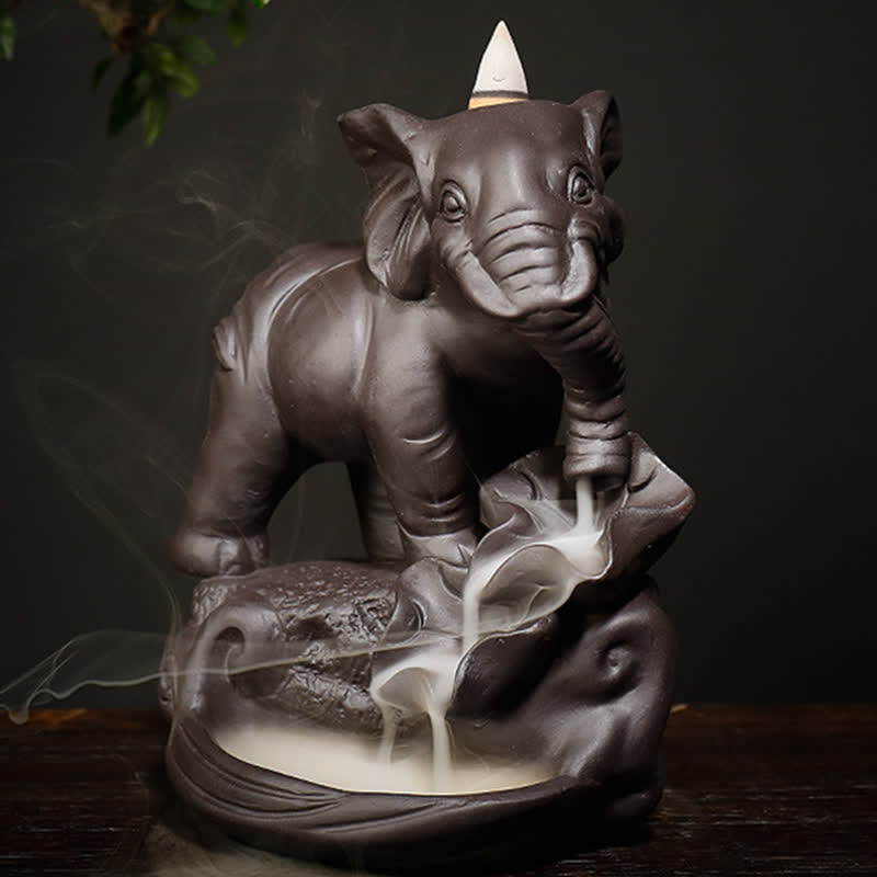 Decorazione bruciatore di incenso di guarigione della pace con fontana di fumo a riflusso in argilla viola elefante tibetano