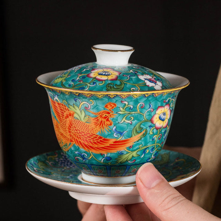 Buddha Stones Dragon Phoenix Flower Design Ceramica Gaiwan Sancai Tazza da tè Kung Fu Tazza da tè e piattino con coperchio - Verde - Phoenix 9,5 cm*9,3 cm*160 ml - image 0
