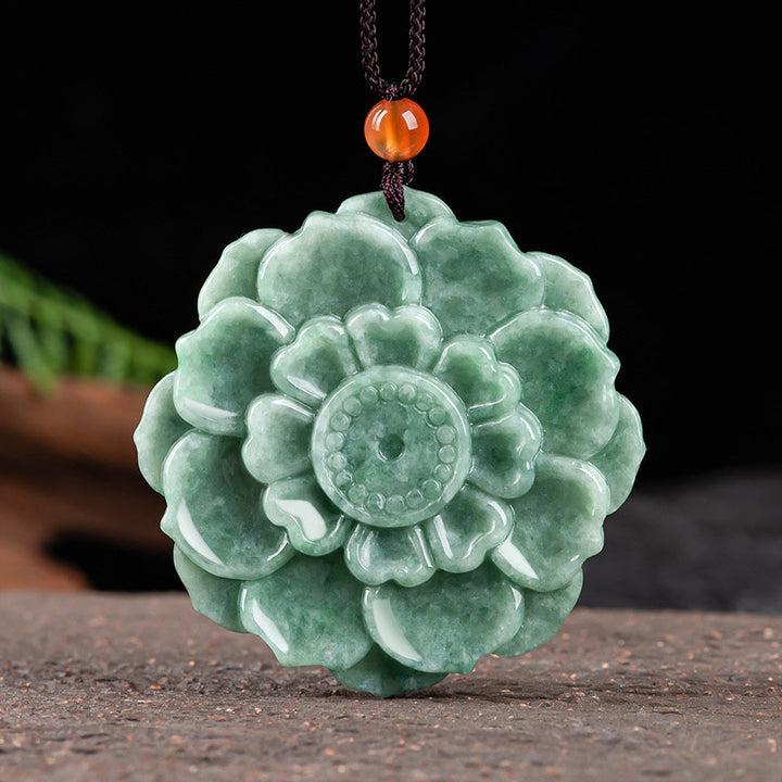 Collana con ciondolo in giada con motivo a loto Buddha Stones, motivo a loto, fortuna e prosperità